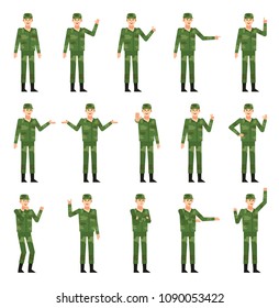 Set of soldiers in green camouflage uniform showing various hand gestures. Cheerful military man pointing, greeting, showing victory hand and other gestures. Flat design vector illustration