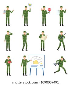 Set of soldiers in green uniform showing various actions. Military man talking on phone, running, holding stop sign, contract, reading and showing other actions. Flat design vector illustration