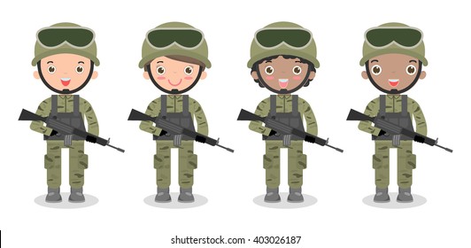 set of soldiers. men and women. flat cartoon character design isolated on white background. US Army , soldiers Isolated vector illustration.