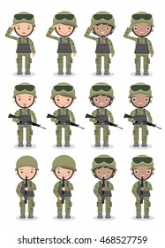 set of soldiers. men and women. flat cartoon character design isolated on white background. US Army  Isolated vector illustration.