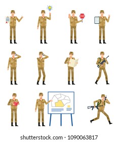 Set of soldiers showing various actions. Military man talking on phone, running, holding stop sign, contract, plan, reading a book and showing other actions. Flat design vector illustration