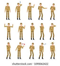 Set of soldiers showing various emotions. Military man thinking, in love, dazed, sleeping, angry and showing other expressions. Flat design vector illustration