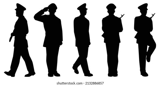 Set of soldiers silhouette vector isolated on white background, military man in parade.