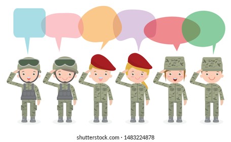 set of soldiers with speech bubble, talking with speech balloon vector illustration isolated on white background US Army, soldiers Isolated vector illustration.