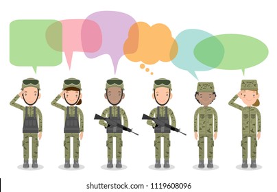set of soldiers with speech bubbles. men and women. flat cartoon character design isolated on white background. US Army with speech bubbles, soldiers Isolated vector illustration.