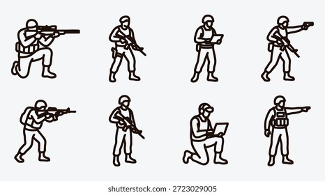 Satz von Soldaten in verschiedenen Kampfpositionen und Aktionen mit Waffen und Laptop