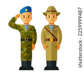 Set of soldiers. Young men in military uniform: soldier and paratrooper. Military in flat style. Army in cartoon style. Isolated vector illustration.