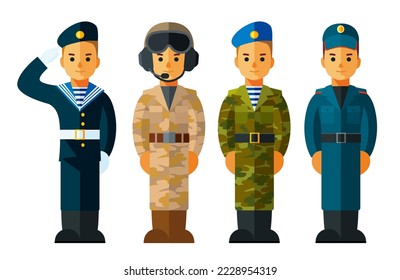 Reihe von Soldaten. Junge Männer mit militärischer Uniform: Soldat, Seemann, Fallschirmjäger, Polizist, Marine. Militärisch im Flachstil. Armee im Cartoon-Stil. Einzige Vektorgrafik.