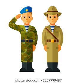 Set of soldiers. Young men in military uniform: soldier and paratrooper. Military in flat style. Army in cartoon style. Isolated vector illustration.