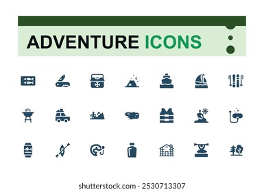 Set of solid Adventure icons set. containing journey, diving, running, jumping and more. Editable filled icon collection. Pixel perfect. Vector illustration.