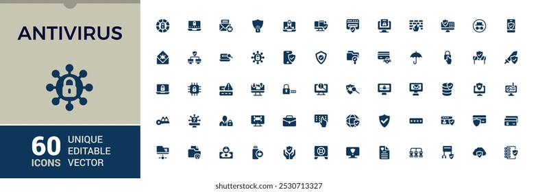 Conjunto de iconos de antivirus sólidos. Contiene seguridad cibernética, spyware, escaneo, protección y más colección de íconos. Iconos rellenados editables para Web y ui. Píxel perfecto. Ilustración vectorial.