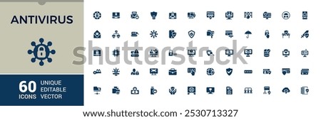 Set of solid antivirus icons. Containing cyber security, spyware, scan, protection and more icon collection. Editable filled icons for web and ui. Pixel perfect. Vector illustration.