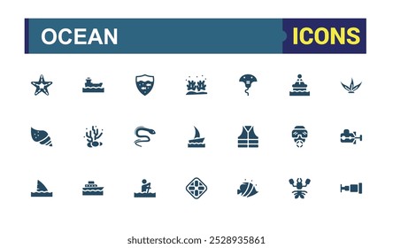 Set of solid beach Icons. Simple style filled icons pack. Ocean, sea, wave and more, Editable and pixel perfect, Vector illustration.