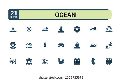 Set of solid beach Icons. Simple style filled icons pack. Ocean, sea, wave and more, Editable and pixel perfect, Vector illustration.
