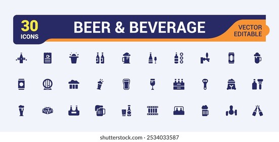 Conjunto de iconos sólidos de cerveza y bebida. Relacionado con vidrio de pinta, elaboración de cerveza, bar, pub, alcohol, lúpulo, taproom. Colección mínima de iconos rellenos. Símbolo plano editable. Píxel perfecto.