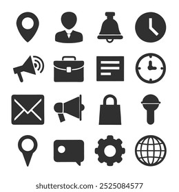 Conjunto de iconos de negocios negros sólidos en estilo de Vector de silueta, perfecto para uso de oficina y Web.
Conjunto de iconos de negocios minimalistas en diseño de silueta negra sólida para aplicaciones profesionales.