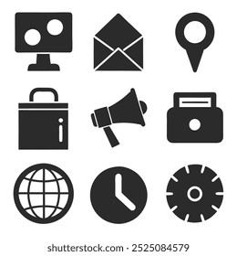 Set of solid black business icons in silhouette vector style, perfect for office and web use.
Minimalist business icon set in solid black silhouette design for professional applications.