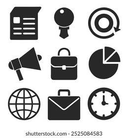 Set of solid black business icons in silhouette vector style, perfect for office and web use.
Minimalist business icon set in solid black silhouette design for professional applications.