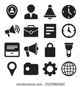 Conjunto de iconos de negocios negros sólidos en estilo de Vector de silueta, perfecto para uso de oficina y Web.
Conjunto de iconos de negocios minimalistas en diseño de silueta negra sólida para aplicaciones profesionales.