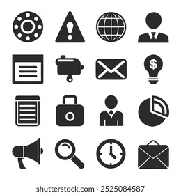 Conjunto de iconos de negocios negros sólidos en estilo de Vector de silueta, perfecto para uso de oficina y Web.
Conjunto de iconos de negocios minimalistas en diseño de silueta negra sólida para aplicaciones profesionales.