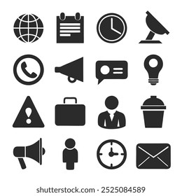 Conjunto de iconos de negocios negros sólidos en estilo de Vector de silueta, perfecto para uso de oficina y Web.
Conjunto de iconos de negocios minimalistas en diseño de silueta negra sólida para aplicaciones profesionales.