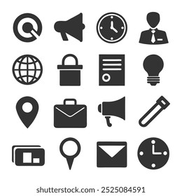 Set of solid black business icons in silhouette vector style, perfect for office and web use.
Minimalist business icon set in solid black silhouette design for professional applications.