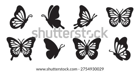 Set with solid black butterflies silhouette for decoration design. Flat collection of simple insect symbols. Vector art illustration EPS 10