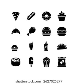 Conjunto de iconos de comida negra sólida que incluye pizza, hamburguesa, taco, dona, refresco y postre sobre fondo blanco