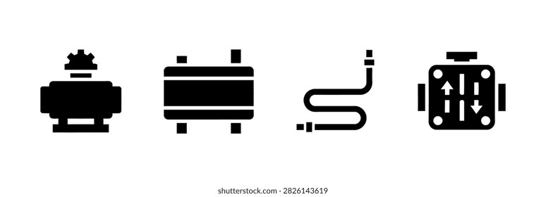 A set of solid black glyph icons depicting hydraulic equipment components, including pump, hose, and control valve isolated on a white background.