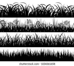 Set of solid black grass isolated from a white background. Vector illustrations