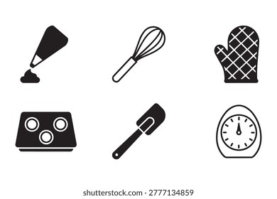 Set of solid black icon illustrations featuring various baking and cooking implements like a piping bag, whisk, and oven mitt.