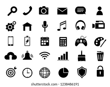 Set of solid black icons on mobile technology on a white background. Vector illustrations. Flat design.