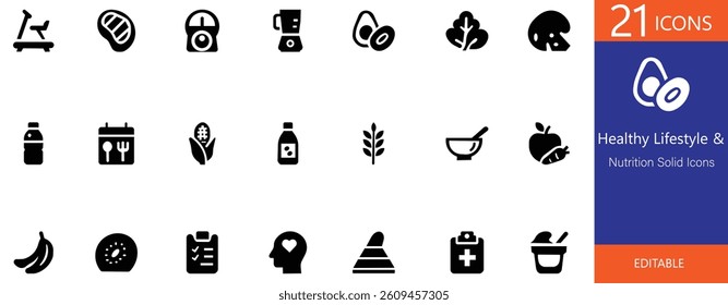 Set of solid black icons representing healthy lifestyle, nutrition, and fitness, including food, exercise, and wellness elements. Ideal for projects focused on health, fitness, and well-being.
