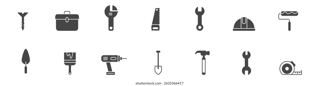 A set of solid black icons representing various construction and repair tools such as drill, wrench, hammer, helmet, paintbrush, and tape measure.
