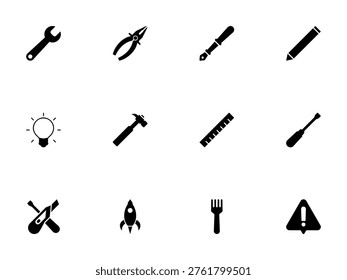 Set of Solid Black Icons Representing Tools Maintenance and Creative Endeavors