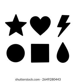 set of solid black shape icons including a star, heart, lightning bolt, circle, square, and drop. Perfect for UI, minimal design, or education visuals