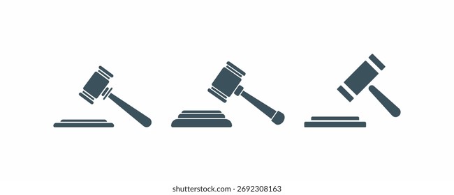 Set of solid black silhouette gavel and sound block icons. Symbol of justice, law, court, judgment, and auction vector illustration