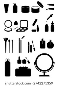 Set of solid black vector silhouettes featuring beauty products, makeup tools, and skincare cosmetics with cutout details.