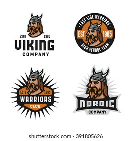 Set of Solid, Bold, Strong & Clean Badges & Symbols. Collection of Original Effective Powerful Emblems. Viking Warrior Head. Represents the Concept of Strength, Force, Gravity, North, Hard Work etc