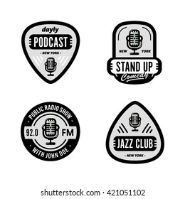 Set of Solid, Bold, Strong & Clean Badges Symbols For Stand Up Comedy, Radio Show, Podcast, Performer, Singer, DJ, Music Club, Broadcast etc. Collection of Original Effective Powerful Emblems & Marks
