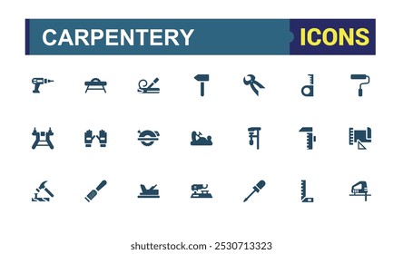 Conjunto de ícones de carpintaria sólidos. Relacionados com o trabalho da madeira. Ferramentas de carpinteiro e muito mais. Coleção de ícones preenchidos editável para Web e interface do usuário. Pixel perfeito.