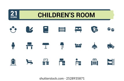 Conjunto de iconos sólidos de la habitación de los niños. colección de iconos de la habitación del bebé, cuna, cama, cambiador, envoltura de pañales, litera y más. paquete de iconos editables y perfectos de píxeles.