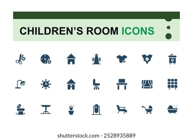 Conjunto de iconos sólidos de la habitación de los niños. colección de iconos de la habitación del bebé, cuna, cama, cambiador, envoltura de pañales, litera y más. paquete de iconos editables y perfectos de píxeles.