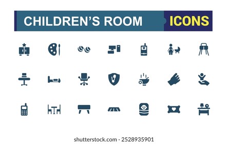 Conjunto de iconos sólidos de la habitación de los niños. colección de iconos de la habitación del bebé, cuna, cama, cambiador, envoltura de pañales, litera y más. paquete de iconos editables y perfectos de píxeles.