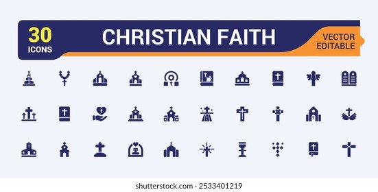 Set of solid Christian faith icons. Including sermon, hymn, scripture, church, communion and more. Filled icon collection. Pixel perfect vector illustration.