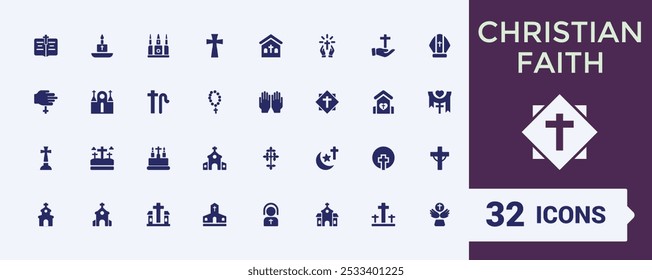 Set of solid Christian faith icons. Including sermon, hymn, scripture, church, communion and more. Filled icon collection. Pixel perfect vector illustration.