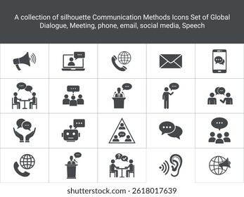 Set Of solid Communication Icons set. including  conversation, chatting, speak, phone, mail, meeting, speech, messaging solid icons. isolated on white background flat vector illustration