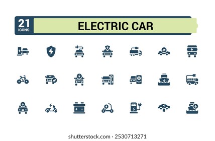 Conjunto de ícones de carro elétrico sólido. Relacionado com e-car, scooter elétrico e potência. Coleção de ícones preenchida para Web e interface do usuário. Ilustração editável plana de vetor. Pacote de ícones perfeitos de pixel.