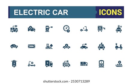 Conjunto de ícones de carro elétrico sólido. Relacionado com e-car, scooter elétrico e potência. Coleção de ícones preenchida para Web e interface do usuário. Ilustração editável plana de vetor. Pacote de ícones perfeitos de pixel.