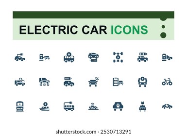 Conjunto de ícones de carro elétrico sólido. Relacionado com e-car, scooter elétrico e potência. Coleção de ícones preenchida para Web e interface do usuário. Ilustração editável plana de vetor. Pacote de ícones perfeitos de pixel.